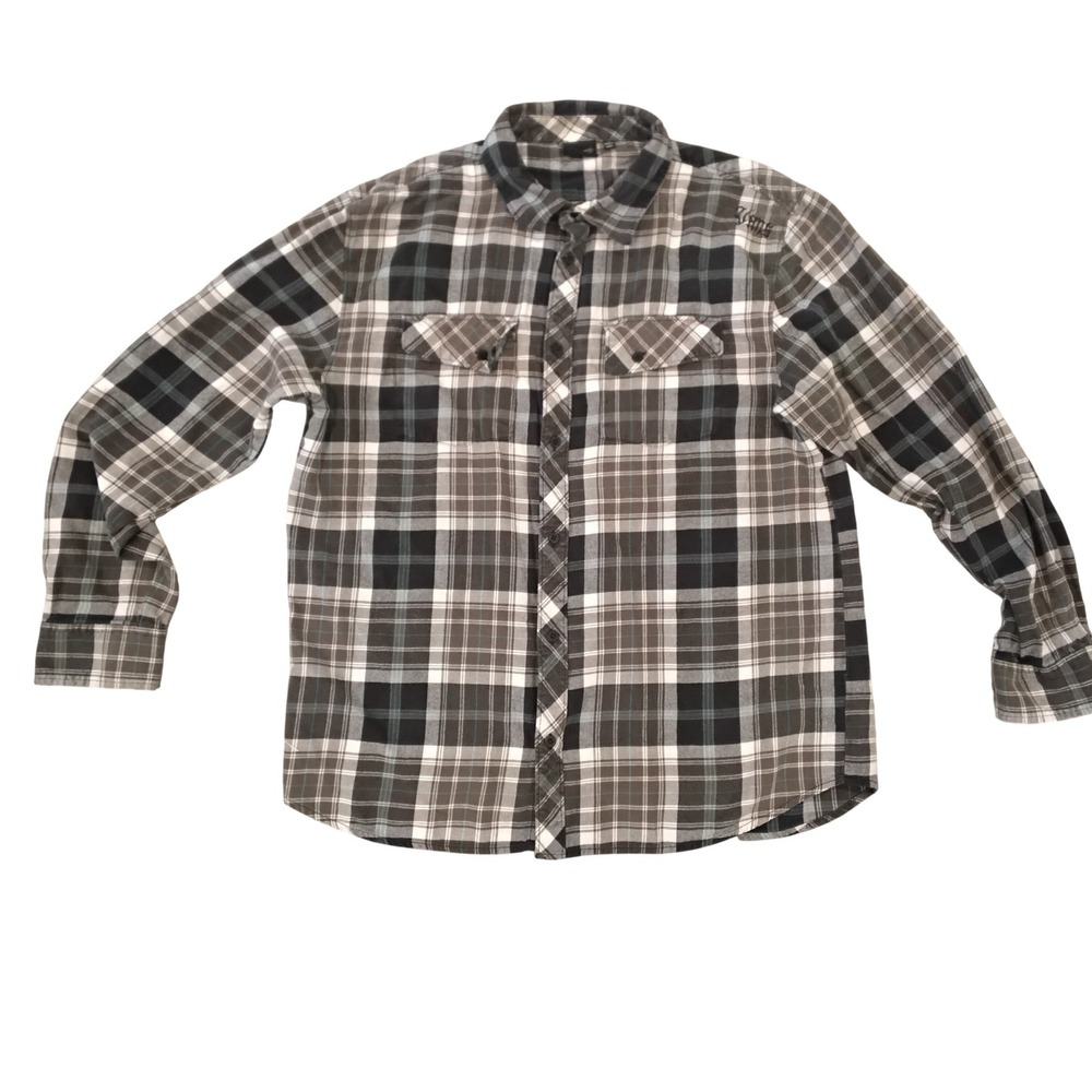 Vans Mens XL Plaid Flannel Button Down Shirt Grey Black White Long Sleeve